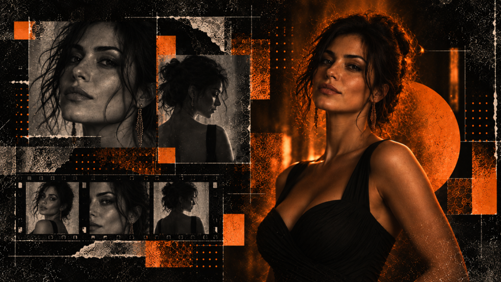 Babe editorial hero with an adult woman in a black dress