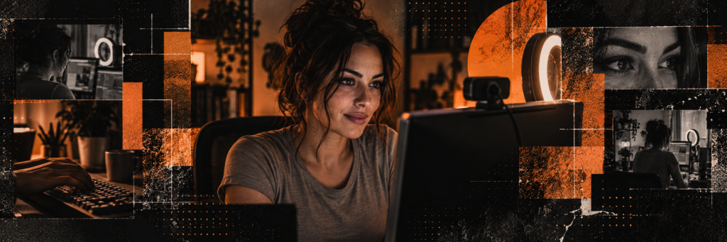 Webcam editorial category collage with an adult woman at her computer